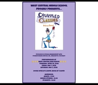 A purple flyer for the play "Crumpled Classics." The central illustration shows a cartoon student wearing a colorful jester-like outfit, balancing a sword, a book, and flying papers. Performance details for April and May 2026 are listed below.